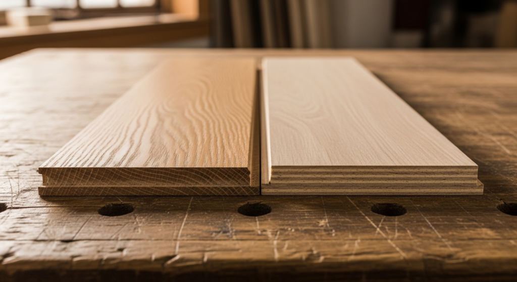 A close-up macro photograph on a wooden workbench showing two flooring planks placed side by side. The left plank is a solid oak board cut in cross-section, revealing its full three-quarter-inch solid wood thickness with visible natural grain throughout. The right plank is an engineered wood board cut in cross-section, showing a thin real wood veneer on top and multiple distinct plywood layers beneath. The workbench surface is worn wood with natural tool marks. Warm workshop lighting from a side window creates soft shadows. No text, no labels, no numbers, no writing of any kind anywhere in the image. Shallow depth of field, high resolution, realistic product photography, no filters.
