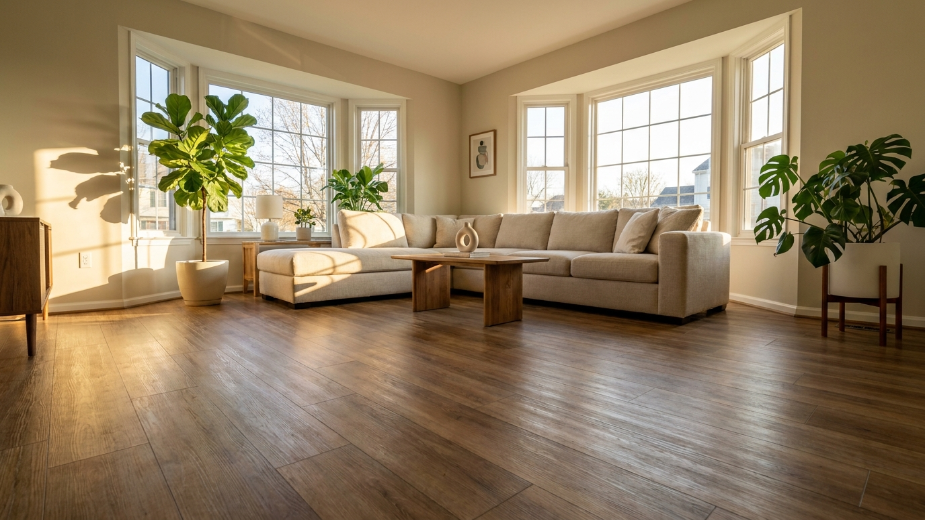 Beautiful newly installed luxury vinyl plank flooring in a Delaware family home living room — how long does LVP flooring last homeowners