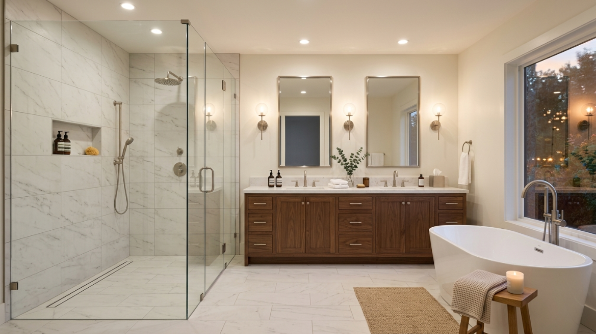 porcelain vs ceramic tile flooring which is better — finished residential bathroom with large format porcelain tile and modern fixtures