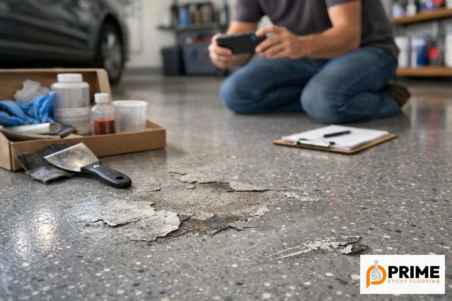 Person documenting peeling garage floor coating with a phone, beside a clipboard and tools, with the Prime Epoxy Flooring logo.