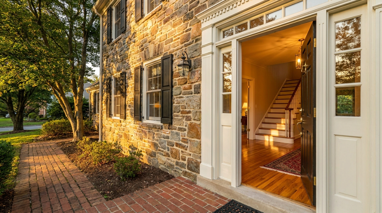 Hardwood floor refinishing Greenville DE crew working in a Westover Hills stone colonial foyer