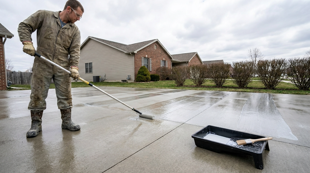 worker applying penetrating sealer to a concrete driveway with a roller