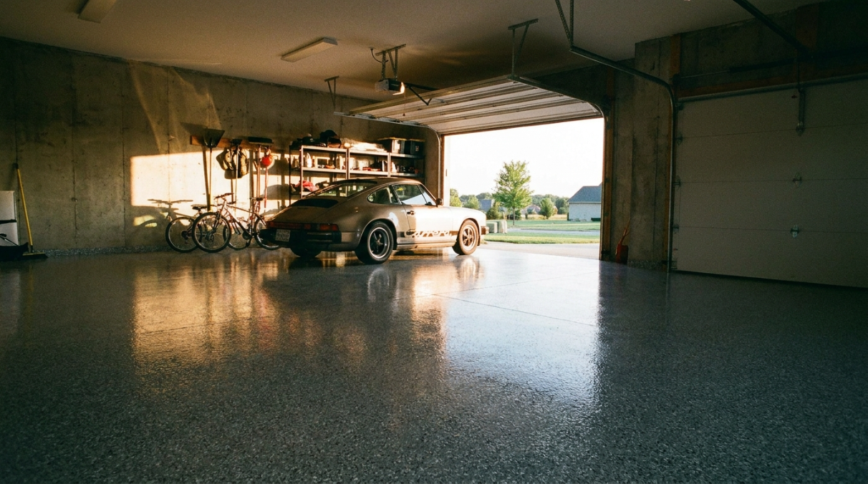 Finished two-car garage floor after a professional epoxy garage floor cost assessment and installation