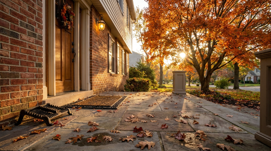 Fall flooring maintenance checklist starts at the entryway of a Wilmington, Delaware home with a boot scraper and mat